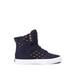 Kids Supra High Top Shoes SKYTOP Navy/Gold Crown/white | AU-63330